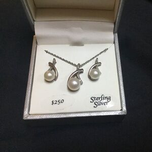 Sterling silver and pearl necklace and earring set in box